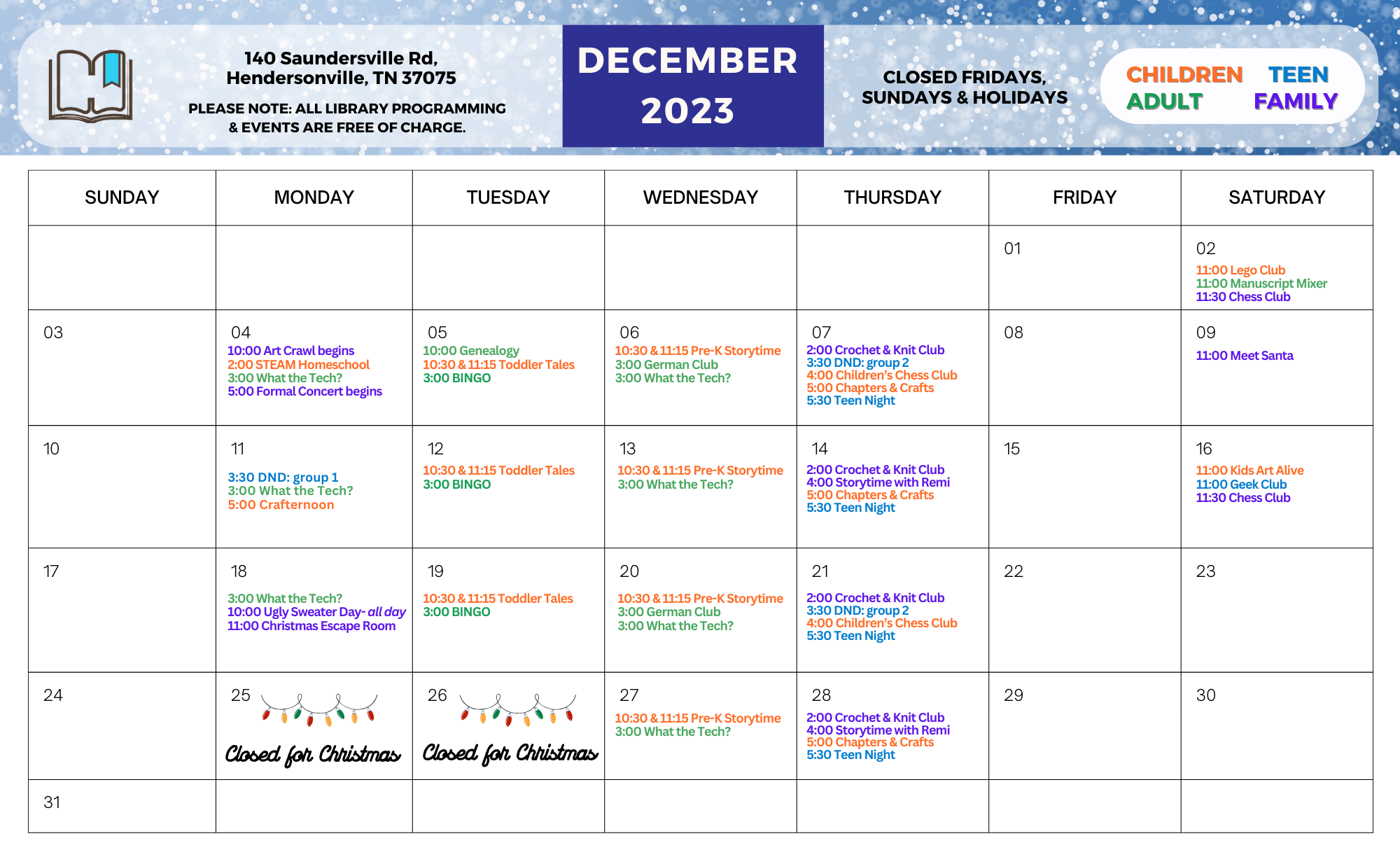 Hendersonville Public Library: Calendar